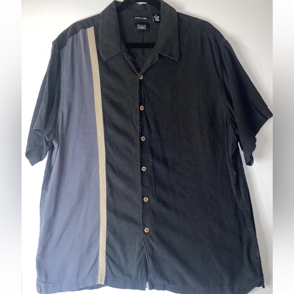 Haggar Black & Blue Short Sleeve Linen Blend Shirt Size XX-Large